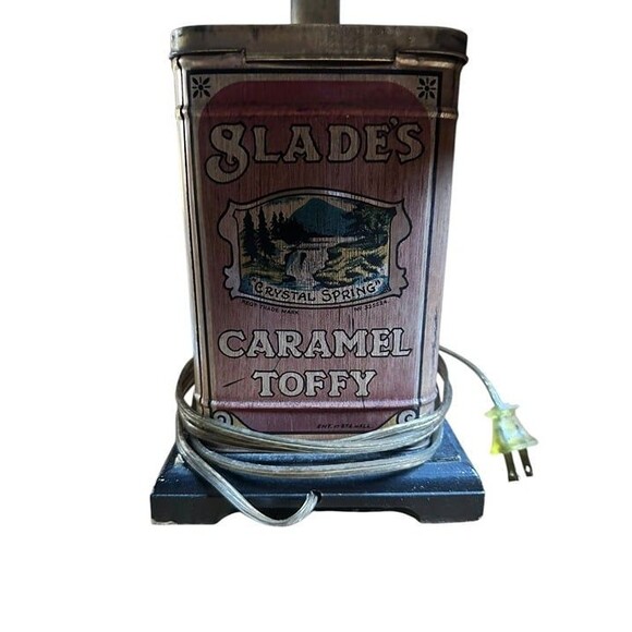 Slade's Caramel Toffy Tin Vintage Table Lamp Corded Electric with Red Shade - Picture 2 of 6